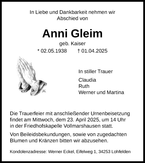 Todesanzeige von Anni Gleim von HNA