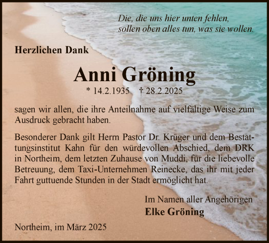 Todesanzeige von Anni Gröning von HNA
