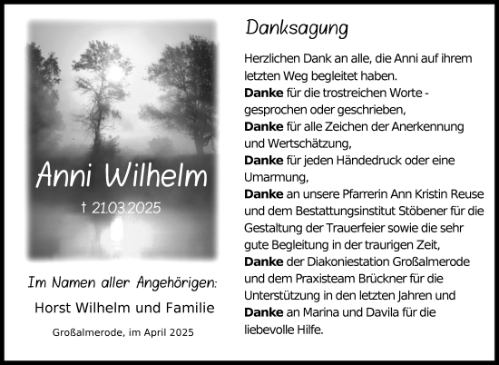 Todesanzeige von Anni Wilhelm von HNA