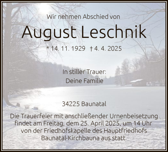 Todesanzeige von August Leschnik von HNA