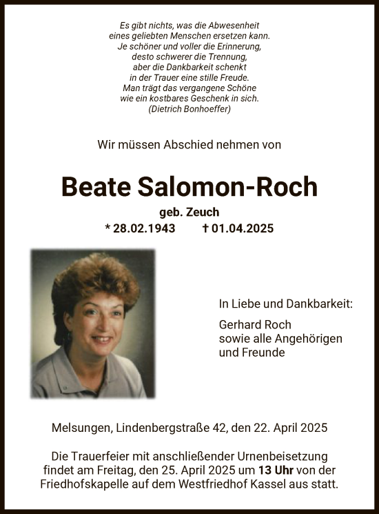 Todesanzeige von Beate Salomon-Roch von HNA