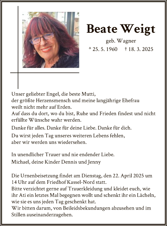 Todesanzeige von Beate Weigt von HNA