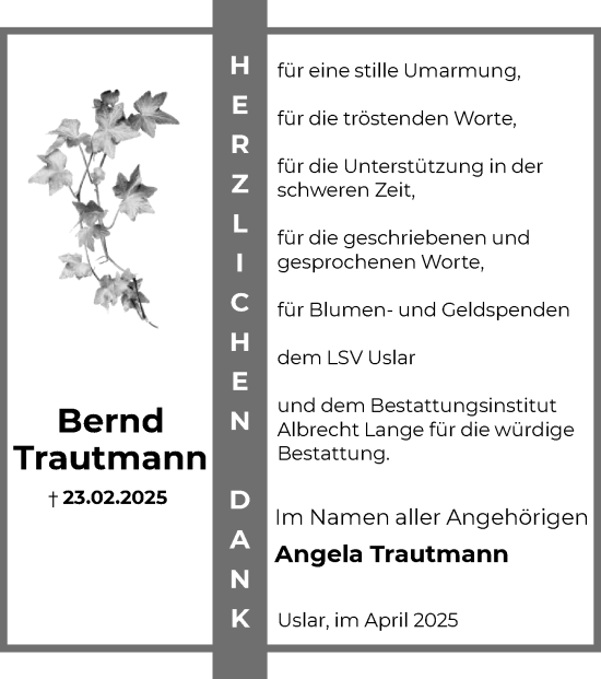 Todesanzeige von Bernd Trautmann von HNA