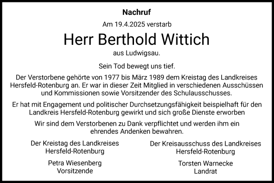 Todesanzeige von Berthold Wittich von HZHNA