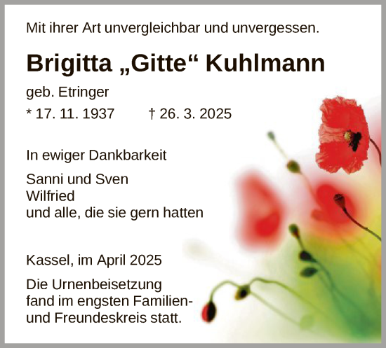 Todesanzeige von Brigitta Kuhlmann von HNA