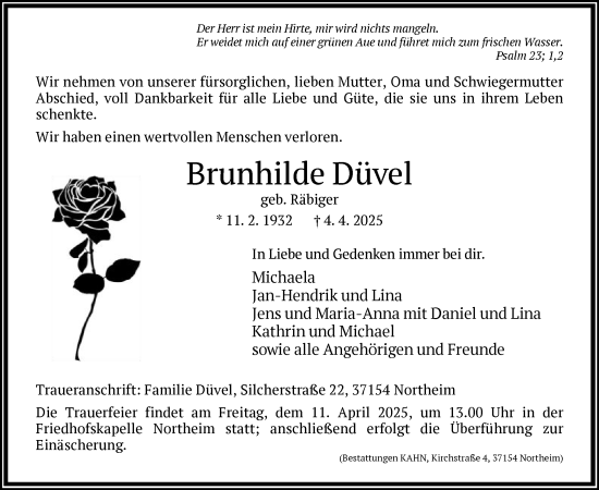 Todesanzeige von Brunhilde Düvel von HNA