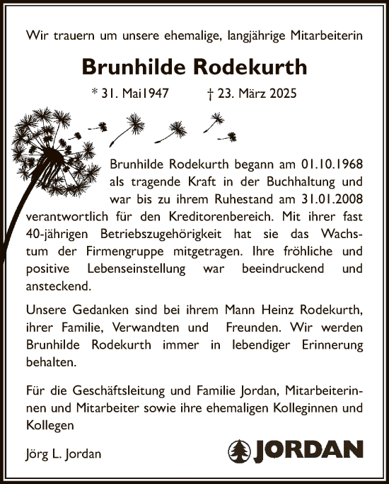 Todesanzeige von Brunhilde Rodekurth von HNA