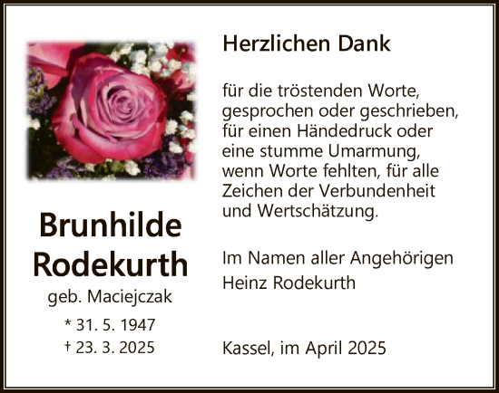 Todesanzeige von Brunhilde Rodekurth von HNA