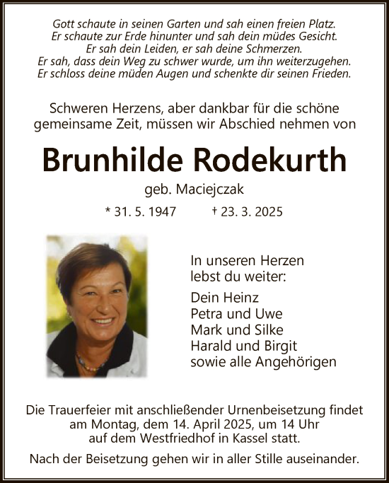 Todesanzeige von Brunhilde Rodekurth von HNA