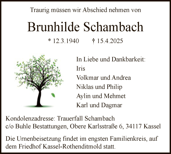 Todesanzeige von Brunhilde Schambach von HNA