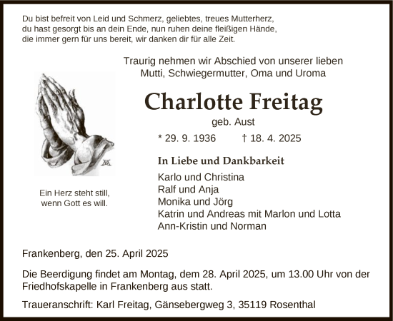 Todesanzeige von Charlotte Freitag von HNA
