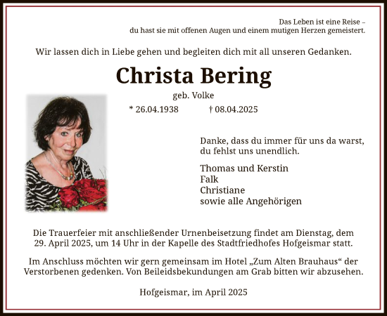 Todesanzeige von Christa Bering von HNA