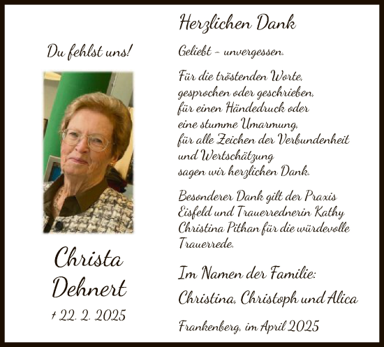 Todesanzeige von Christa Dehnert von HNA