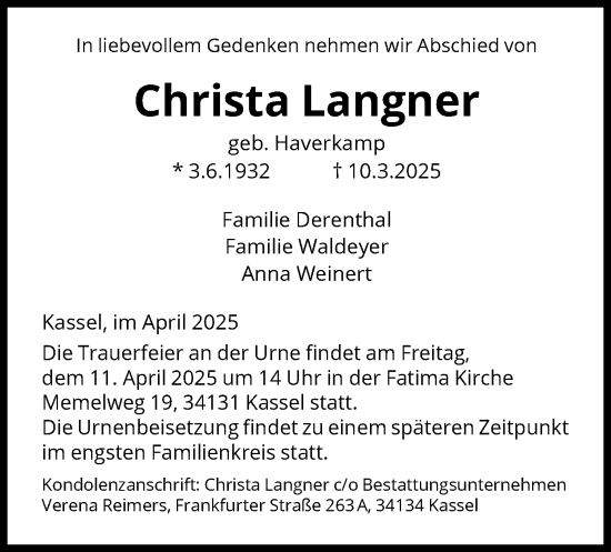 Todesanzeige von Christa Langner von HNA