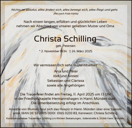 Todesanzeige von Christa Schilling von HNA