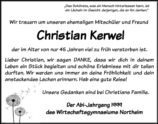 Todesanzeige von Christian Kerwel von HNA