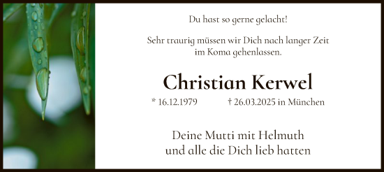 Todesanzeige von Christian Kerwel von HNA