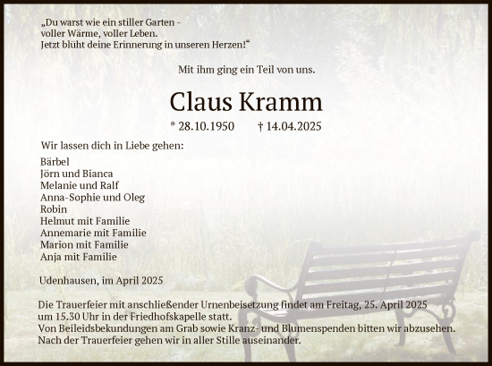 Todesanzeige von Claus Kramm von HNA