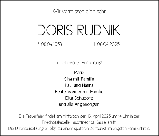 Todesanzeige von Doris Rudnik von HNAHNA