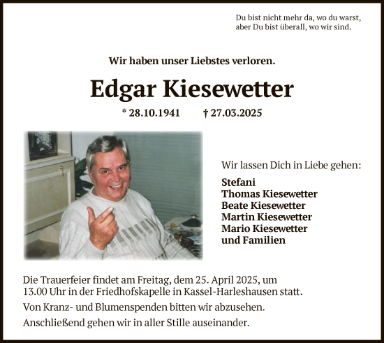 Todesanzeige von Edgar Kiesewetter von HNA