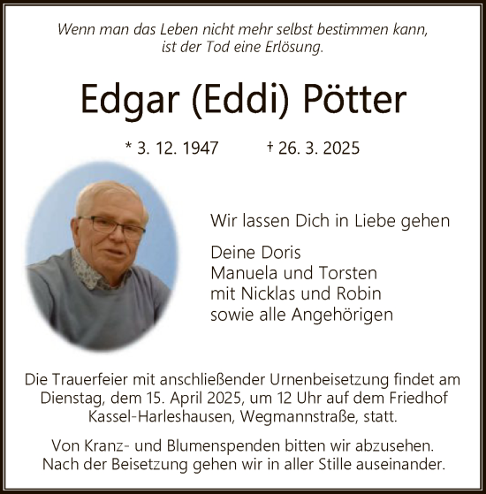 Todesanzeige von Edgar Pötter von HNA