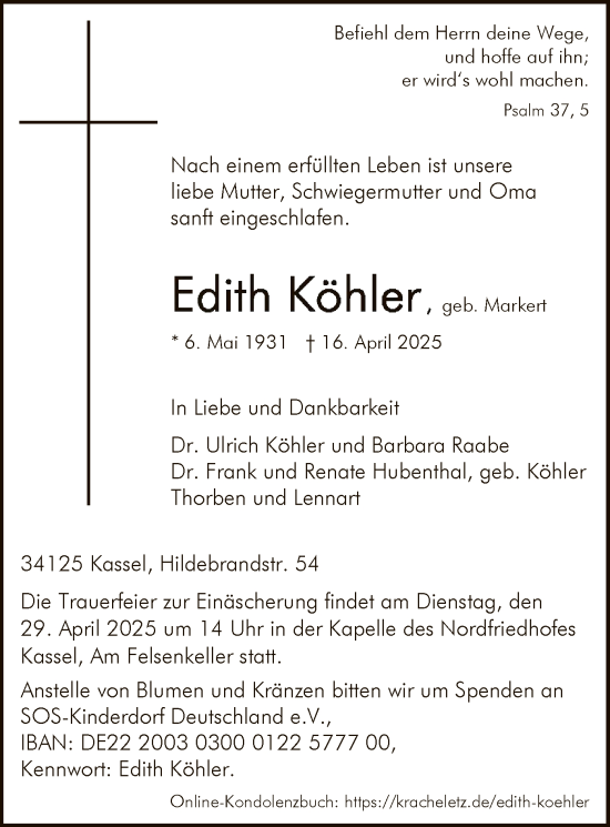Todesanzeige von Edith Köhler von HNA