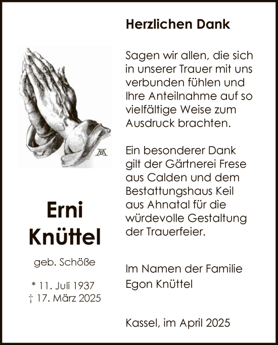 Todesanzeige von Egon Knüttel von HNAHNA