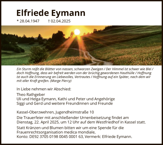 Todesanzeige von Elfriede Eymann von HNA