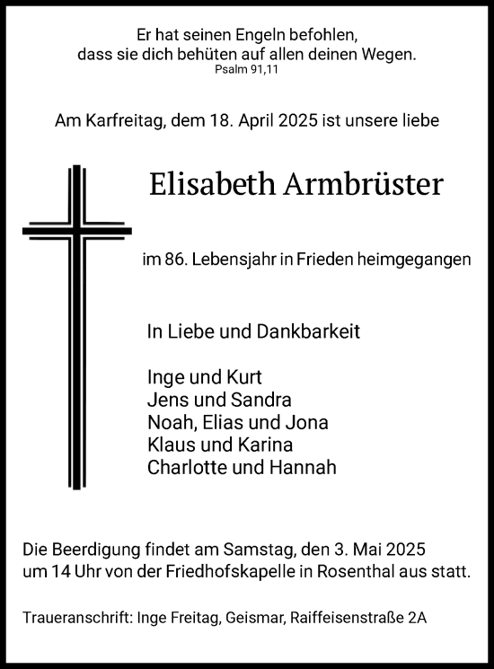 Todesanzeige von Elisabeth Armbrüster von HNA