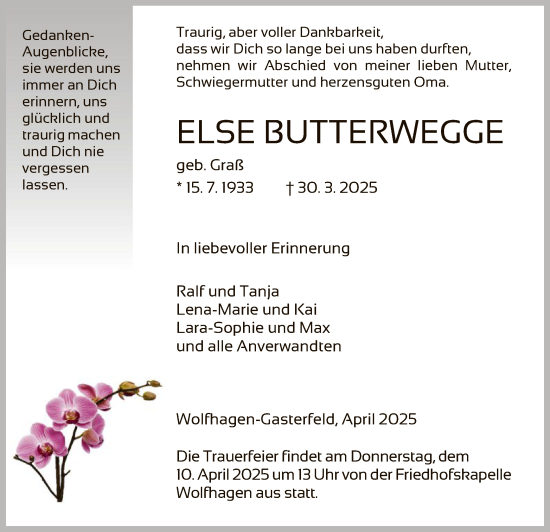 Todesanzeige von Else Butterwegge von HNAWLZ