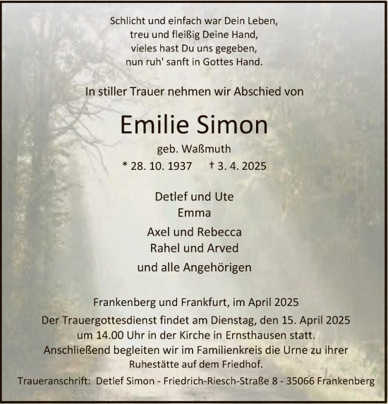 Todesanzeige von Emilie Simon von HNA