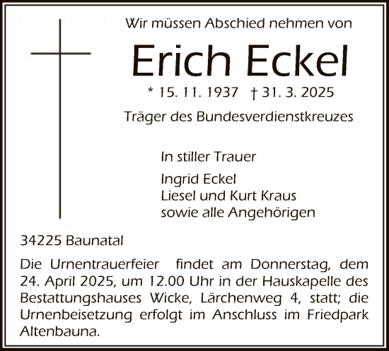 Todesanzeige von Erich Eckel von HNAHNA