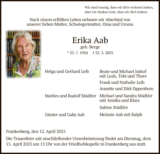 Todesanzeige von Erika Aab von HNA