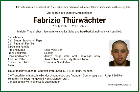 Todesanzeige von Fabrizio Thürwächter von HNA