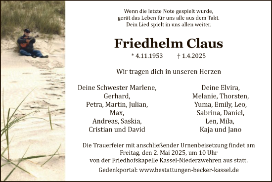 Todesanzeige von Friedhelm Claus von HNA