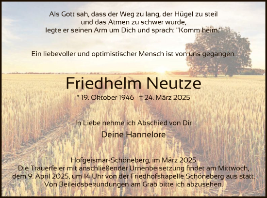 Todesanzeige von Friedhelm Neutze von HNAHNA