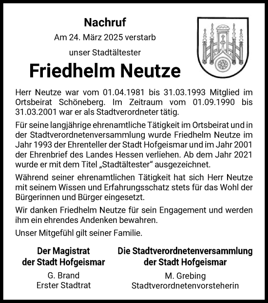 Todesanzeige von Friedhelm Neutze von HNA