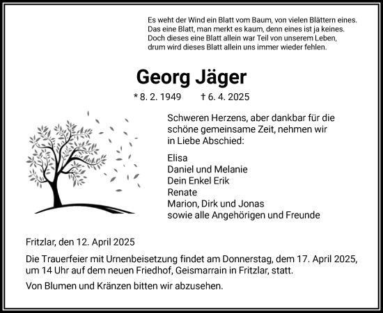 Todesanzeige von Georg Jäger von HNA