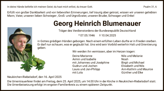 Todesanzeige von Georg Heinrich Blumenauer von HNA