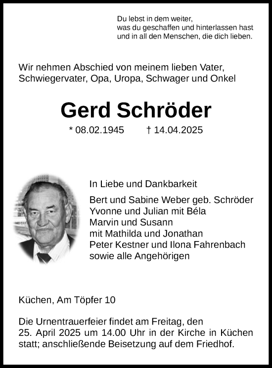 Todesanzeige von Gerd Schröder von HNA