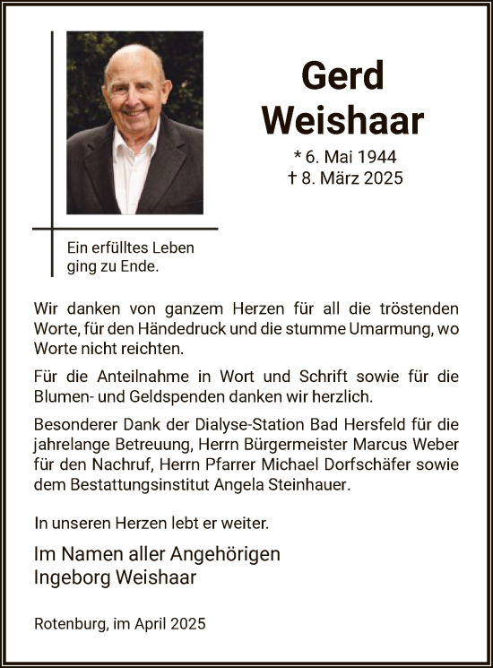 Todesanzeige von Gerd Weishaar von HNA