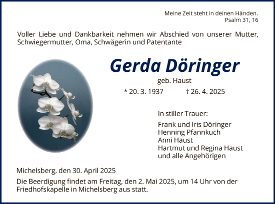 Todesanzeige von Gerda Döringer von HNA