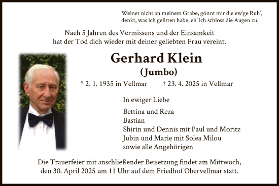 Todesanzeige von Gerhard Klein von HNAHNA