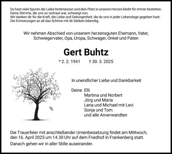 Todesanzeige von Gert Buhtz von HNA