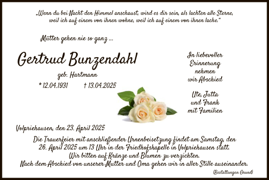 Todesanzeige von Gertrud Bunzendahl von HNA