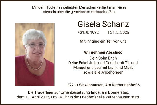 Todesanzeige von Gisela Schanz von HNA