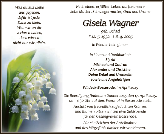 Todesanzeige von Gisela Wagner von HNA