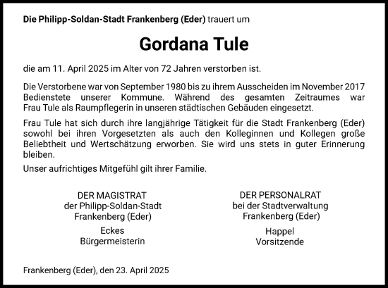 Todesanzeige von Gordana Tule von HNA