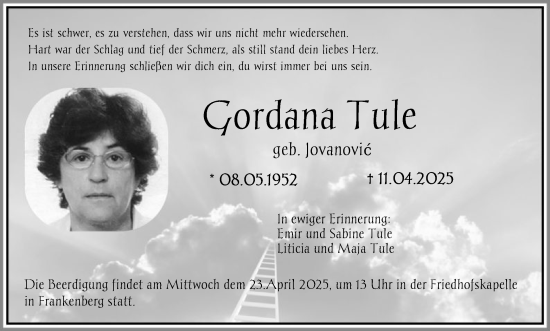 Todesanzeige von Gordana Tule von HNA