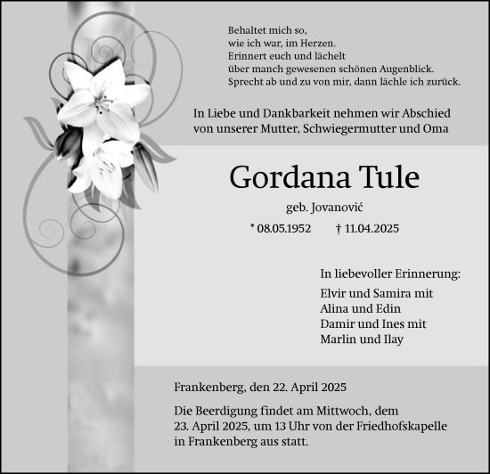 Todesanzeige von Gordana Tule von HNA